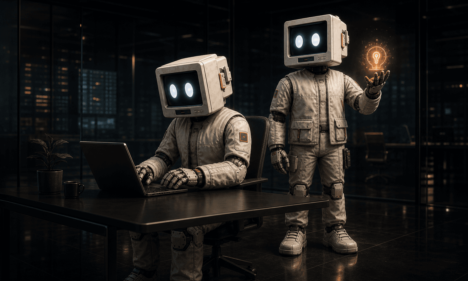 The UNIKA robot team designs a digital product at a laptop